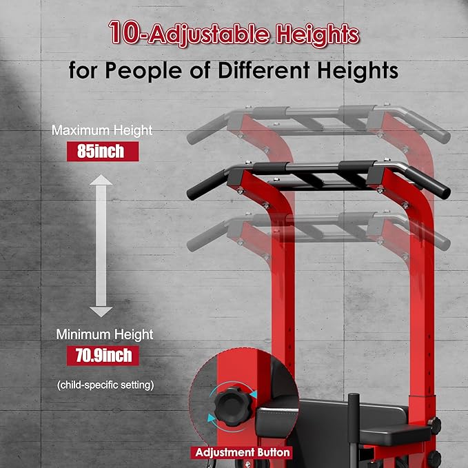 DlandHome Power Tower, Height Adjustable Pull Up Bar Dip Station with Assisted Pad, Multi-Function Home Gym Strength Training Fitness Equipment 330LBS, Red