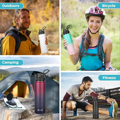 MEZMUT Insulated Water Bottle 24oz Stainless Steel Water Bottles with Straw&2 Lids Sports Metal Water Bottle Cup Double Walled Vacuum Insulated Bottles Leak-Proof Travel(Black)