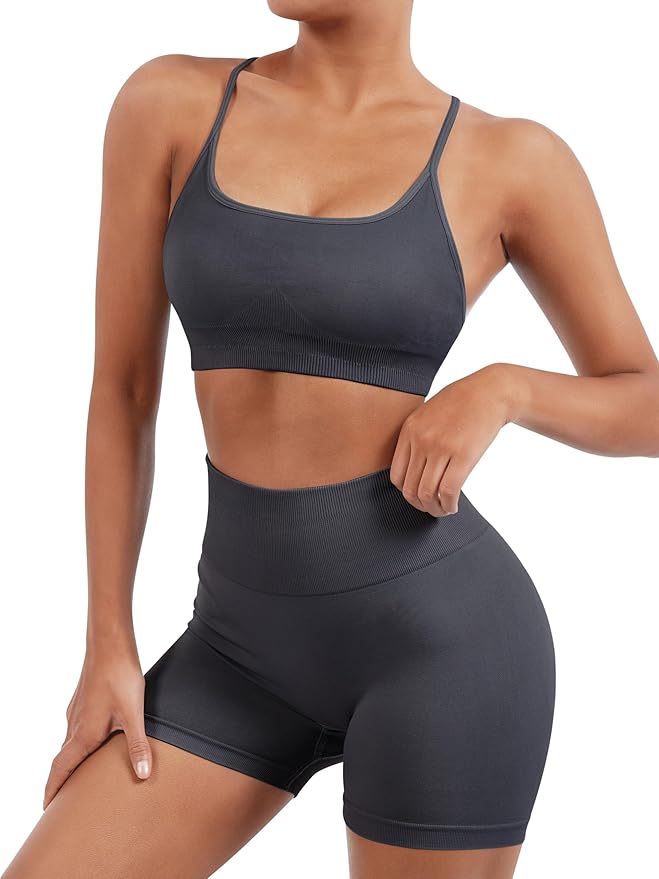 SUUKSESS Women Seamless Workout Sets Strappy Sports Bra High Waist Booty Shorts Outfits
