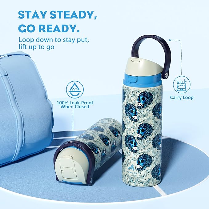 POWCAN 24 oz Insulated Skull Water Bottle: Push-Button Spout & Quick-Flip Straw, Leakproof, Car Cupholder Friendly, Insulated Flask with Straw and Handle for Fitness, Trip, Gift (Frost Revenant)