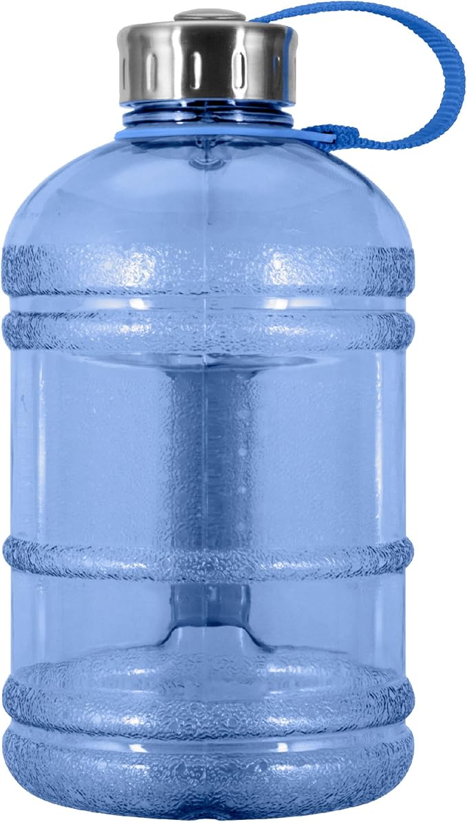 Geo Sports Bottles 1/2 Gallon (64 oz) BPA Free Reusable Leakproof Wide Mouth Sports Water Jug Bottle with Handle and 48mm Stainless Steel Cap (Dark Blue)