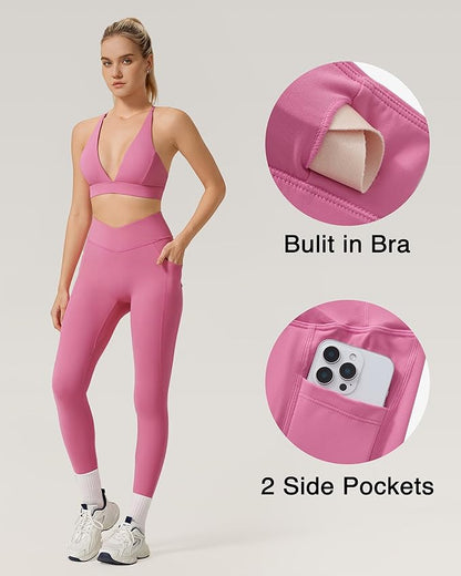 RXRXCOCO 2 Piece Workout Sets for Women Strappy Sports Bra Booty Leggings with Pockets Yoga Gym Outfits