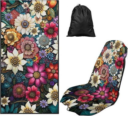 Bulopur Hippie Dahlia Floral Beach Towel Car Seat Bucket Terry Cloth Seat Covers Blanket Absorbent Soft Fabric Modern Car Decor Accessories