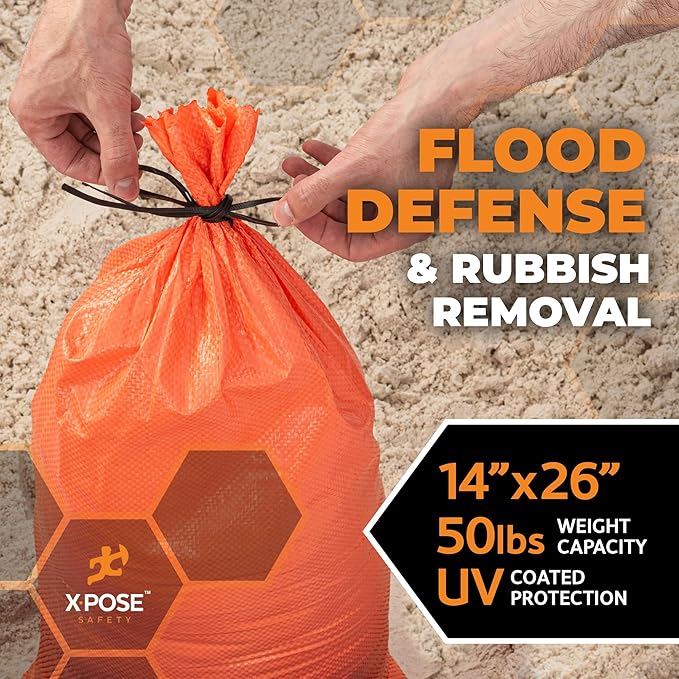 Xpose Safety Heavy Duty Sand Bags with Tie Strings – Empty Woven Polypropylene Sandbags for Hurricane Flood Protection, 50 lb Capacity, 14" x 26", Orange, Bulk Half Pallet Pack of 7500
