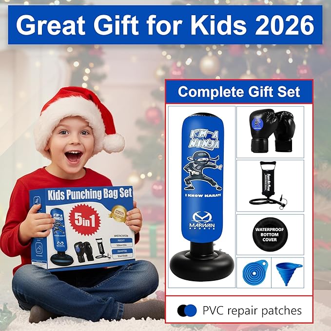 Marwan Sports Punching Bag for Kids with Boxing Gloves Ages 4-12 – 63" Inflatable Boxing Bag for Kids, Fast Rebound Set, Christmas & Birthday Gift for Boys & Girls