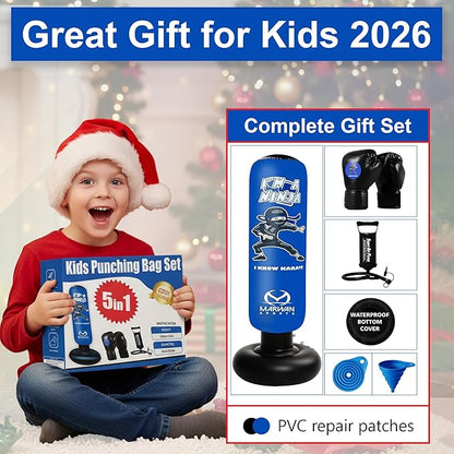 Marwan Sports Punching Bag for Kids with Boxing Gloves Ages 4-12 – 63" Inflatable Boxing Bag for Kids, Fast Rebound Set, Christmas & Birthday Gift for Boys & Girls