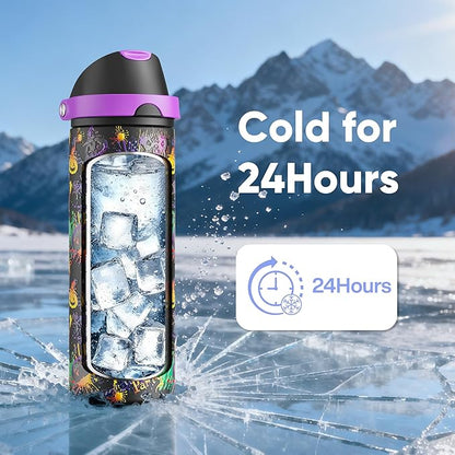 Insulated Water Bottle with Straw - Encool Stainless Steel Water Bottle with Push Button Lid, Leak-Proof & BPA-Free, Keeps Cold for 24 Hours for Sports, Travel, Gym (24 oz, Ghost Party)