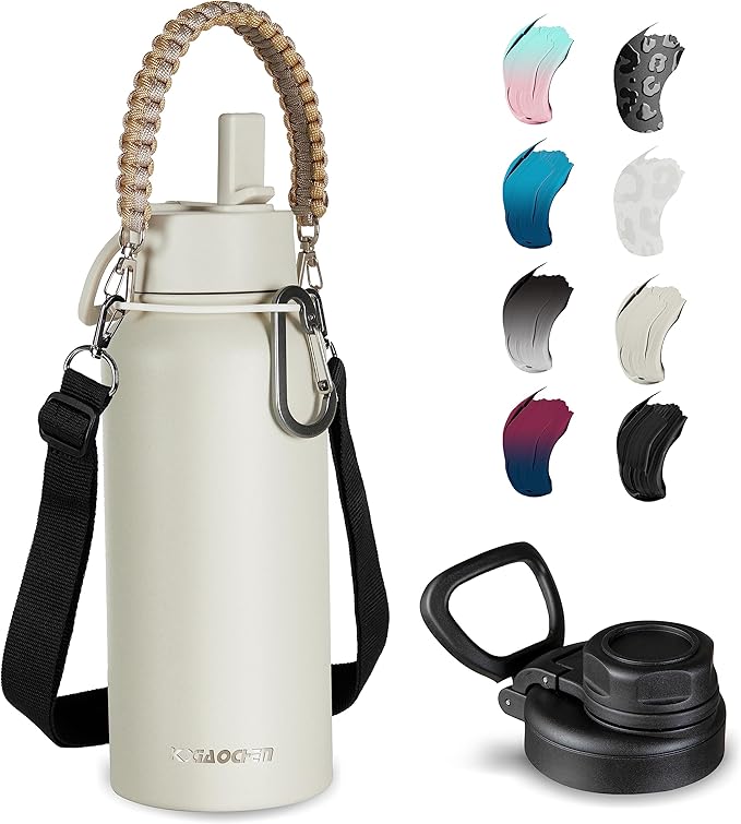 KXIAOCHEN Insulated Water Bottle, Stainless Steel Water Bottle, 2 Lids (Straw and Handle Lid),Wide Mouth Metal Water Bottles Keep Hot and Cold, Double Walled, Thermo Mug, Metal Canteen