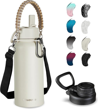KXIAOCHEN Insulated Water Bottle, Stainless Steel Water Bottle, 2 Lids (Straw and Handle Lid),Wide Mouth Metal Water Bottles Keep Hot and Cold, Double Walled, Thermo Mug, Metal Canteen