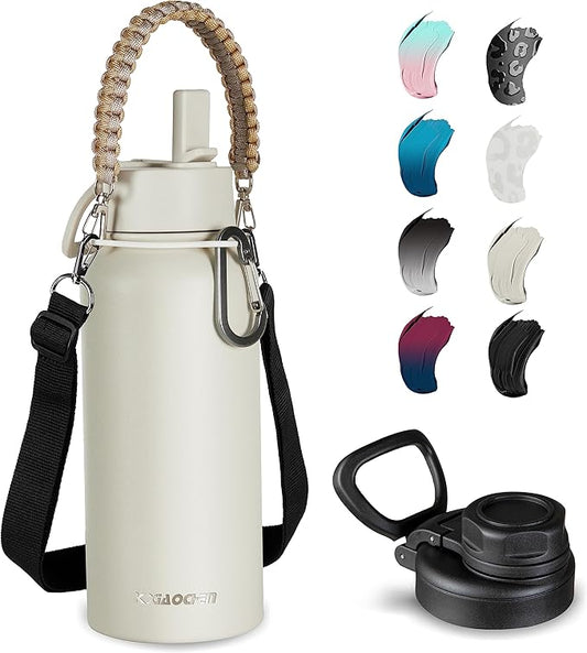 KXIAOCHEN Insulated Water Bottle, Stainless Steel Water Bottle, 2 Lids (Straw and Handle Lid),Wide Mouth Metal Water Bottles Keep Hot and Cold, Double Walled, Thermo Mug, Metal Canteen