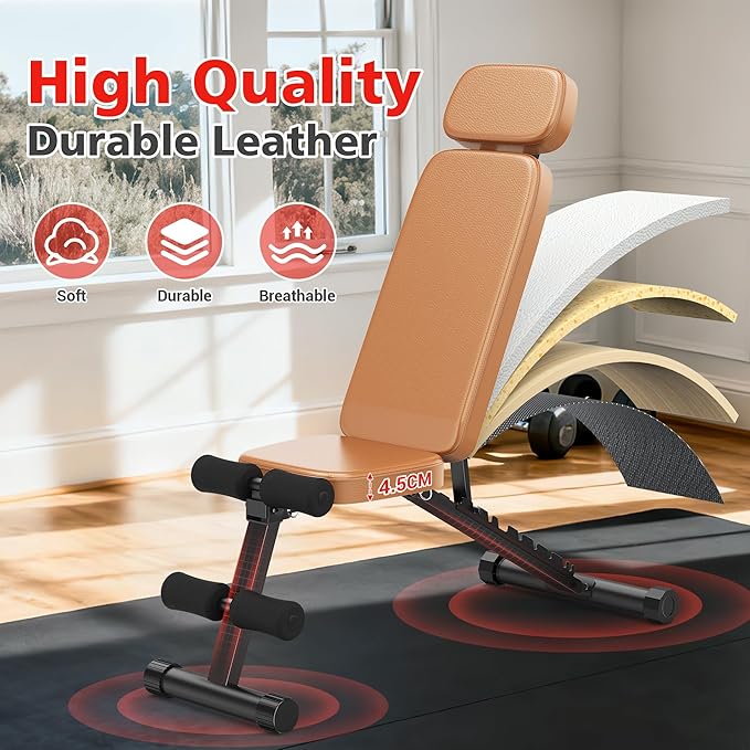 XDDIAS Workout Bench, 10 Backrests Adjustable Weight Bench with Extended Headrest, 800LBS Foldable Weight Bench for Home Gym, Incline Decline Flat Bench Compact for Small Space Training