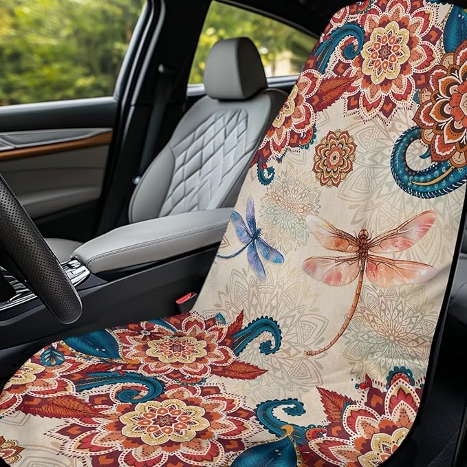 Bulopur Boho Floral Dragonfly Car Seat Towel Cover After Gym Workout Beach Swimming Sweating Car Seat Cover Fits for Car SUV Sedan Truck Front Seats