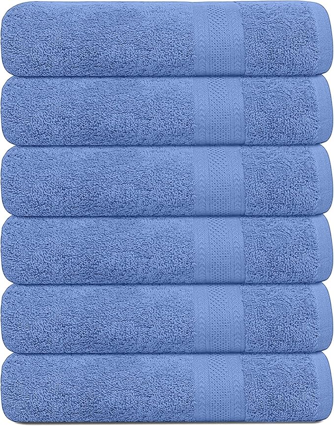 100% Cotton Bath Towels, 24x48 Pack of 6 Towels, Quick Dry, Highly Absorbent, Soft Feel Towel, Gym, Spa, Bathroom, Shower, Pool, Luxury Soft Towels (Blue, 24x48-6 Pack)