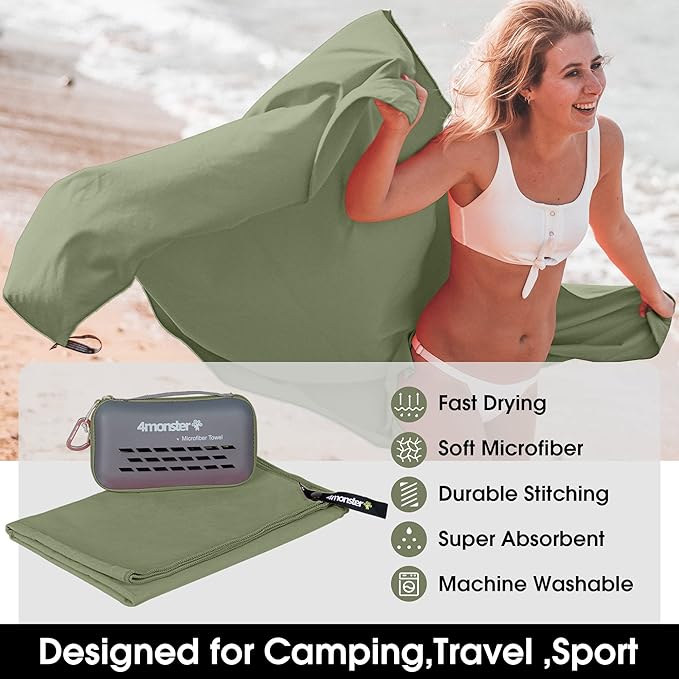 4Monster Quick Dry Travel Towel with Case & Carabiner – Super Absorbent Microfiber Gym & Camping Towel. Compact, Lightweight, Fast Drying for Beach, Swimming, Hiking, Backpacking