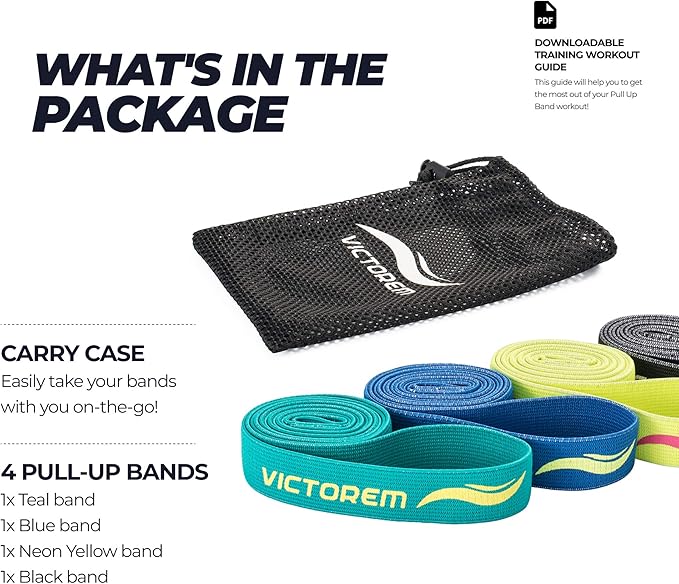 Victorem Pull Up Assistance Bands Set - Set of 4 Long Fabric Resistance Bands for Home - Sturdy Stretchy Equipment for Home Exercise and Stretching - Perfect for Fitness with Bag and Workout Guide