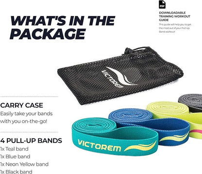 Victorem Pull Up Assistance Bands Set - Set of 4 Long Fabric Resistance Bands for Home - Sturdy Stretchy Equipment for Home Exercise and Stretching - Perfect for Fitness with Bag and Workout Guide