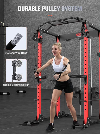 SunHome Power Cage Squat Rack, Power Rack with Pulley System, Adjustable Cable Crossover System, J-Hooks, Dip Handles, Weight Plate Storage