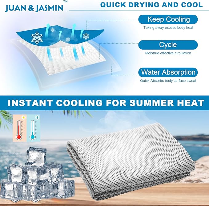 JUAN & JASMIN 2 Pack Cooling Towels (19.5"x15"), Soft Breathable Chilly Towels, Super Absorbent, Ice Wraps, Towels-Ideal for Hiking, Running, Workout, Gym, Dancing, Camping, Fitness (Light Gray)