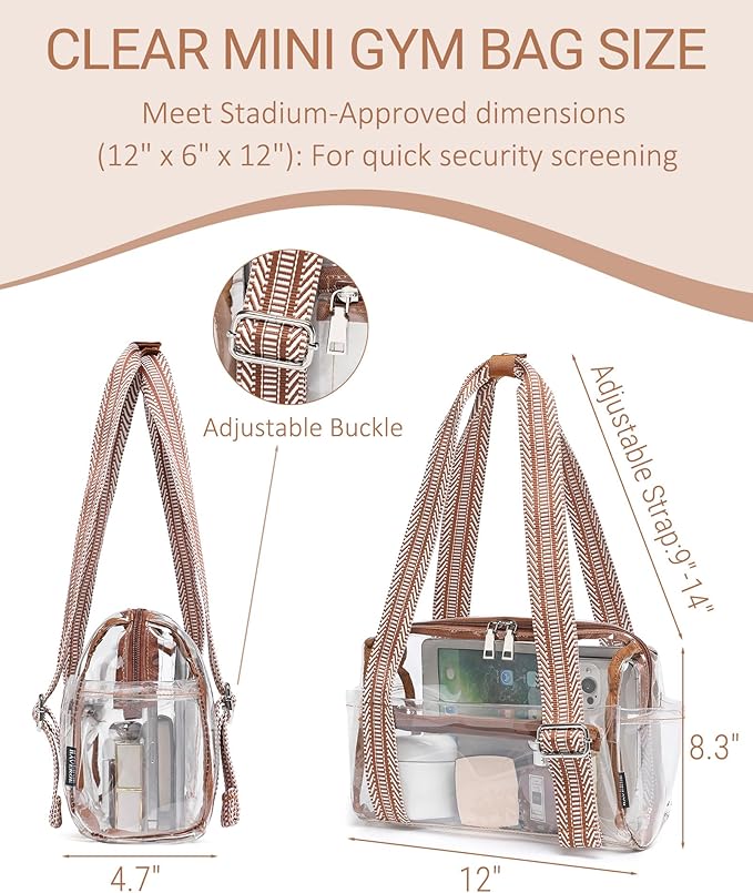Small Gym Bag for Women, Clear Mini Duffle Bag Stadium Approved, Lightweight Waterproof Cute Tote for Girls Workout Sport Travel, Clear Brown