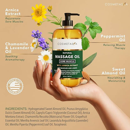 Cosmetasa Massage Oil Spa Gift Set for Women – Relaxing Lavender, Warming Arnica & Nourishing Citrus & Coconut Oils – Includes Roller Ball, Thumb Saver & Hot Stones – Self Care Kit & Body Massage Oils