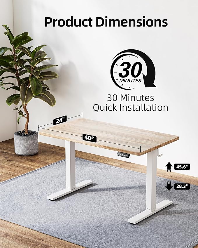 TIQLAB Height Adjustable Electric Standing Desk, 40 x 24 inch, Sit Stand Up Desk, Splice Board, Computer Home Office Desk, Maple Top