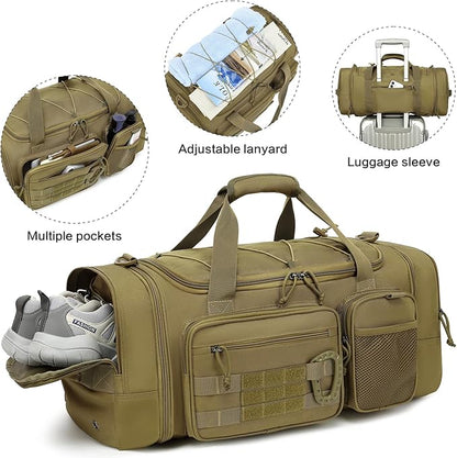 3 in 1 Tactical Gym Bag Backpack for Men 40-45L Expandable Travel Duffle Bag for Women Military Sport Duffel Bags Weekend Overnight with Shoe Compartment & Wet Pocket for Fitness, Brown