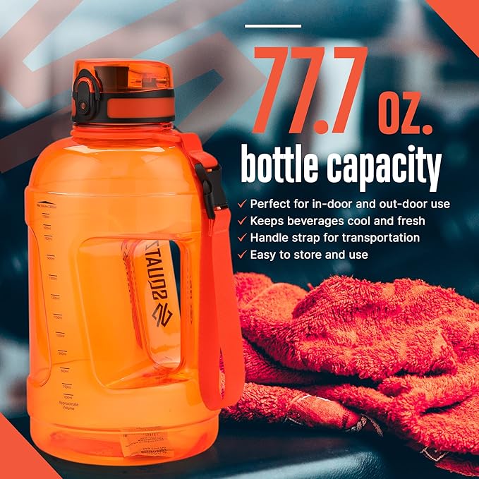 SQUATZ 78 Oz Poseidon Series Sports Water Bottle - Premium Quality Big Volume Wide Mouth protein Shake Gym Flask, Fixed Buckle Carrying Strap, Leak Resistance, Zero Condensation Sleeve,Orange