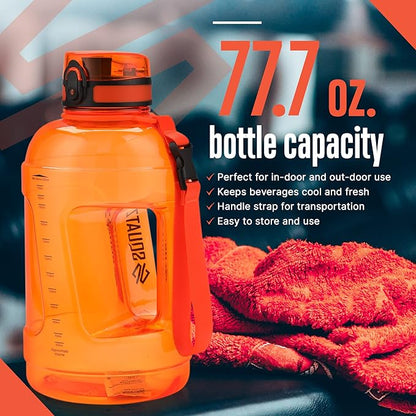 SQUATZ 78 Oz Poseidon Series Sports Water Bottle - Premium Quality Big Volume Wide Mouth protein Shake Gym Flask, Fixed Buckle Carrying Strap, Leak Resistance, Zero Condensation Sleeve,Orange