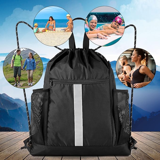 BeeGreen Drawstring Backpack Bag Sports Gym Backpack with Shoe Compartment and Two Water Bottle Holder for Men Women Large String Backpack Athletic Sackpack Workbag Black