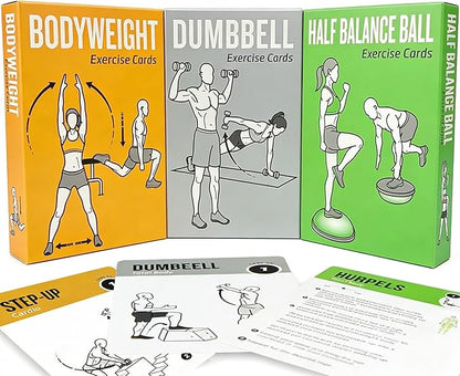 Workout Cards Bodyweight & Dumbbell & Half-Balance Ball - 150 Large 5"x3.5" Exercise Cards with 36 Strength Moves, Home & Gym Fitness Cards for Men & Women, Beginner Fitness Guide