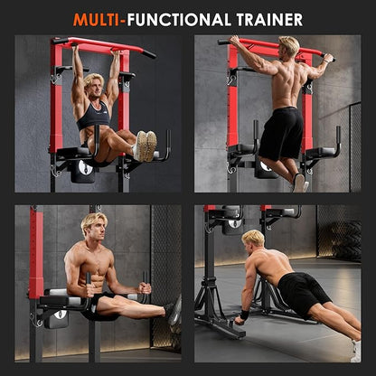 DlandHome Foldable Power Tower Pull Up Bar Station, Strength Training Fitness Equipment, Multi-Function Adjustable Height Pull Up Dip Station for Home Gym Workout, Pull Up Stand, Black & Red
