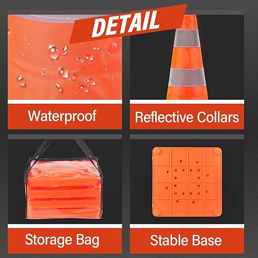 RoadHero 28 Inch 4 Pack Collapsible Traffic Safety Cones, Multi Purpose Pop-up Cones with Reflective Collar for Road Safety, Orange Cones for Driving Training, Parking Lots