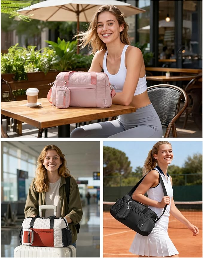 Small Gym Bag for Women, Mini Sports Duffle Bag for Workout Dance Ballet Yoga Gymnastics, Quilted Lightweight Puffer Travel Tote with Detachable Coin Purse & Wet Pocket, Black
