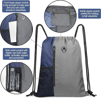 BeeGreen Grey Drawstring Backpack Sports Gym Bag For Women Men Large Draw String Bags Pack With Zipper and Water Bottle Mesh Pockets Workout Bag