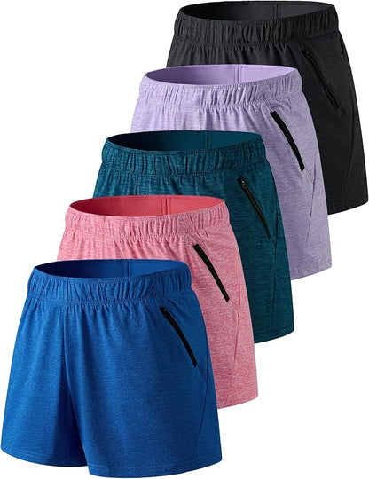 Liberty Imports 1 or 5 Pack Womens Lounge Workout Shorts with Zipper Pockets 5" Inseam Lightweight Athletic Casual Shorts