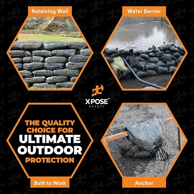 Xpose Safety Heavy Duty Sand Bags with Tie Strings – Empty Woven Polypropylene Sandbags for Hurricane Flood Protection, 100 lb Capacity, 14" x 26", Black, Pack of 1000