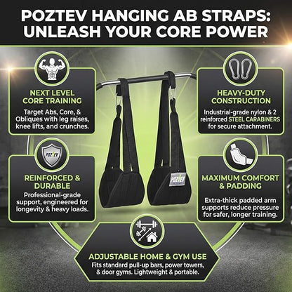 Hanging Ab Straps for Pull Up Bar – Heavy Duty Padded Arm Slings with 2 Steel Carabiners for Leg Raises, Core & Abdominal Workout Equipment – Adjustable Gym Ab Straps for Men and Women - Best for Home & Gym Fitness Training (Pair)
