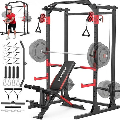 OPPSDECOR Power Cage, 2000LBS Squat Rack with Dual Pulley Cable Crossover System, Multifunctional Power Rack with More Training Attachments for Home Gym, Weight Cage Fits Compact Space