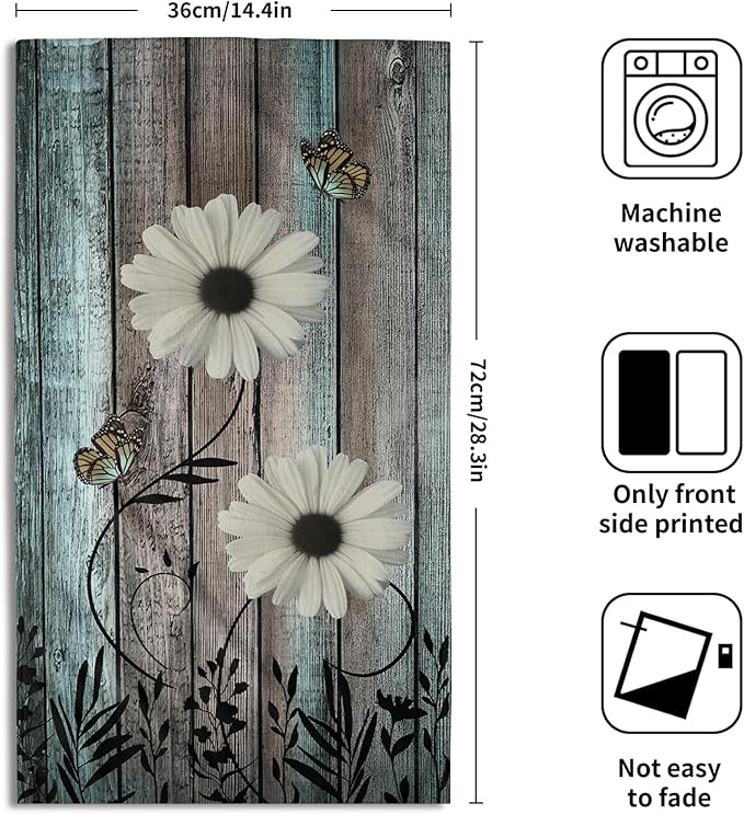 Rustic Barn White Daisy Hand Towels Flower Butterfly Teal Turquoise Brown Wooden Farmhouse Absorbent Kitchen Towels Spring Vintage Floral Soft Quick Dry Microfiber Dish Towels For Kitchen Bathroom