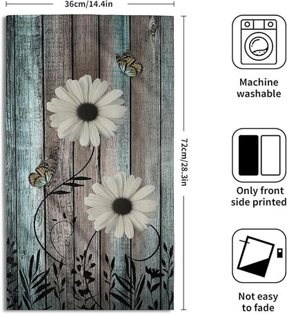 Rustic Barn White Daisy Hand Towels Flower Butterfly Teal Turquoise Brown Wooden Farmhouse Absorbent Kitchen Towels Spring Vintage Floral Soft Quick Dry Microfiber Dish Towels For Kitchen Bathroom