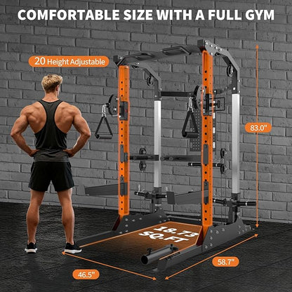 Power Cage, 2000LB Power Rack with Dual Independent Pulley System, Squat Rack with Adjustable Cable Crossover, Multi-Function Home Gym Workout Machine for Home
