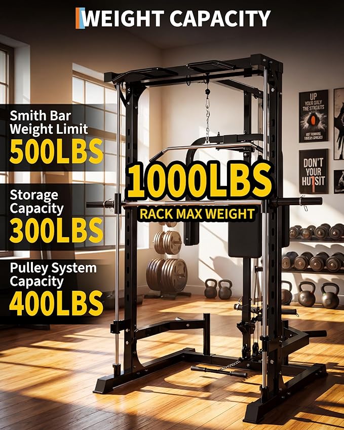 Smith Machine with Bench, Heavy Duty Power Cage Squat Rack with Smith Bar, LAT Pulldown System, Chest Station & More Training Attachment, Home Gym Equipment for Strengthen Training