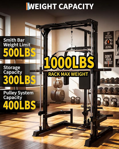 Smith Machine with Bench, Heavy Duty Power Cage Squat Rack with Smith Bar, LAT Pulldown System, Chest Station & More Training Attachment, Home Gym Equipment for Strengthen Training
