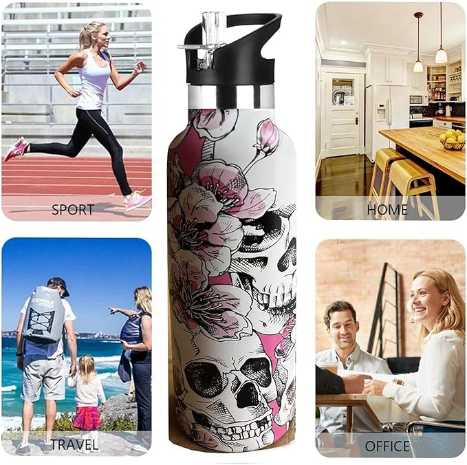 Skull Sport Water Bottle with Straw, Vacuum Insulated Stainless Steel Thermal Drinking Travel Mug Cups For Gym Fitness Camping-20oz/600ml