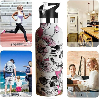 Skull Sport Water Bottle with Straw, Vacuum Insulated Stainless Steel Thermal Drinking Travel Mug Cups For Gym Fitness Camping-20oz/600ml