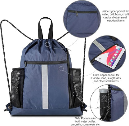 BeeGreen Gym-Drawstring-Backpack-Bag With Shoe Compartment and Two Water Bottle Holder Large String Backpack Sports Bag Athletic Sackpack For Men Women