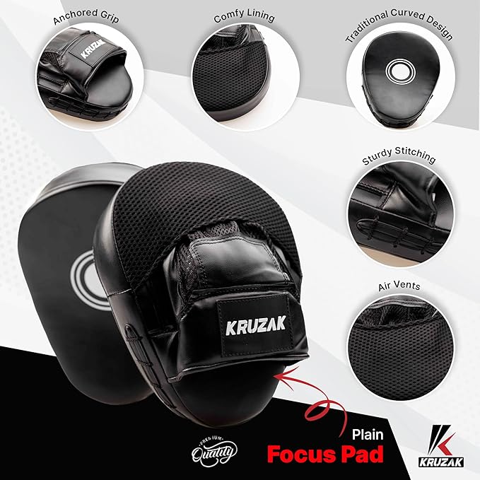 Kruzak Plain Focus Mitts and Boxing Gloves Set for Kickboxing and Muay Thai MMA Training - Fitness Kit with Punching Pads for Martial Arts and Karate