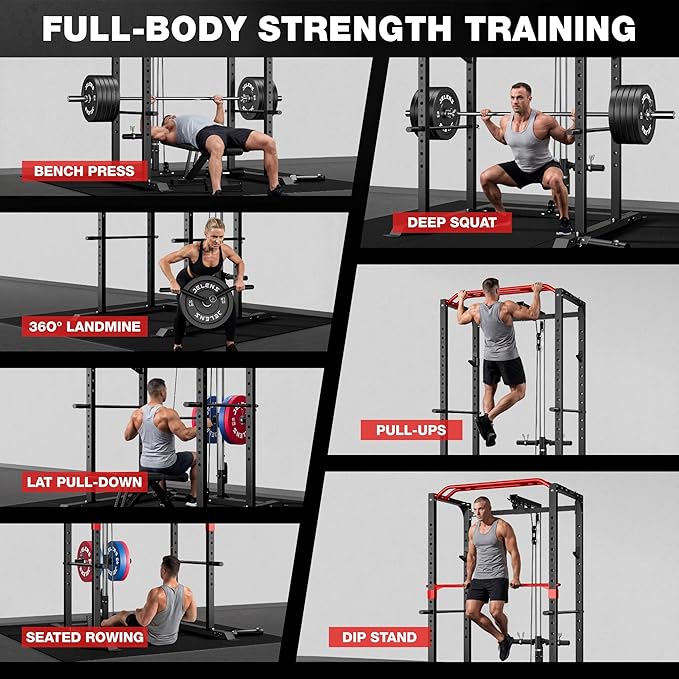 S11 Power Cage, 2000LB Multi-Function Power Rack with LAT Pulldown, Squat Rack with Adjustable Pulley System and Training Attachments, Weight Rack for Home Gym