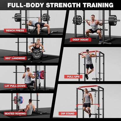 S11 Power Cage, 2000LB Multi-Function Power Rack with LAT Pulldown, Squat Rack with Adjustable Pulley System and Training Attachments, Weight Rack for Home Gym