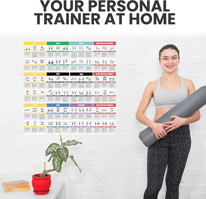 Full Body Workout Poster for Home Gym – Exercise Chart for Glutes, Legs, Back & Abs – Strength Training Guide with Squats, Lunges, Deadlifts, Core Exercises – Bodyweight & Dumbbell Training Guide